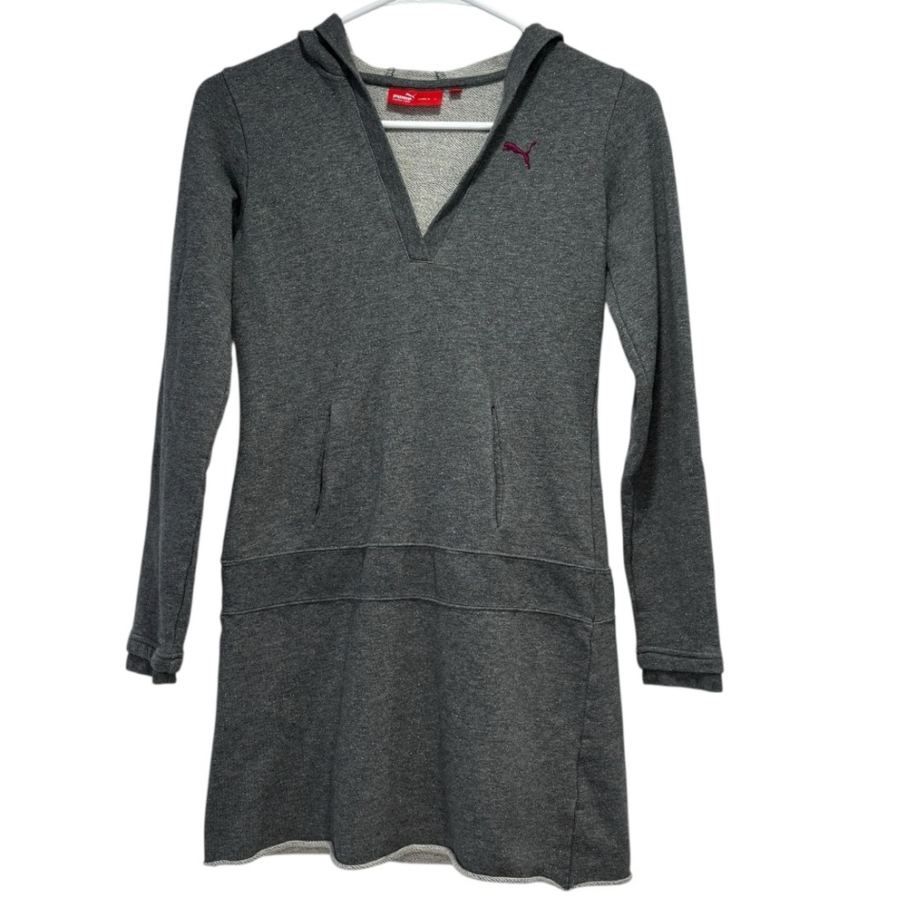 PUMA Girls Gray Hooded Shimmer Sweatshirt Dress - Size Large (12-14)